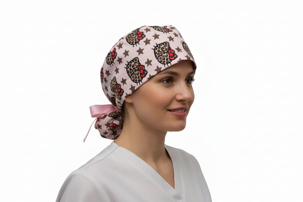 Star Pink Ponytail Scrub Cap
